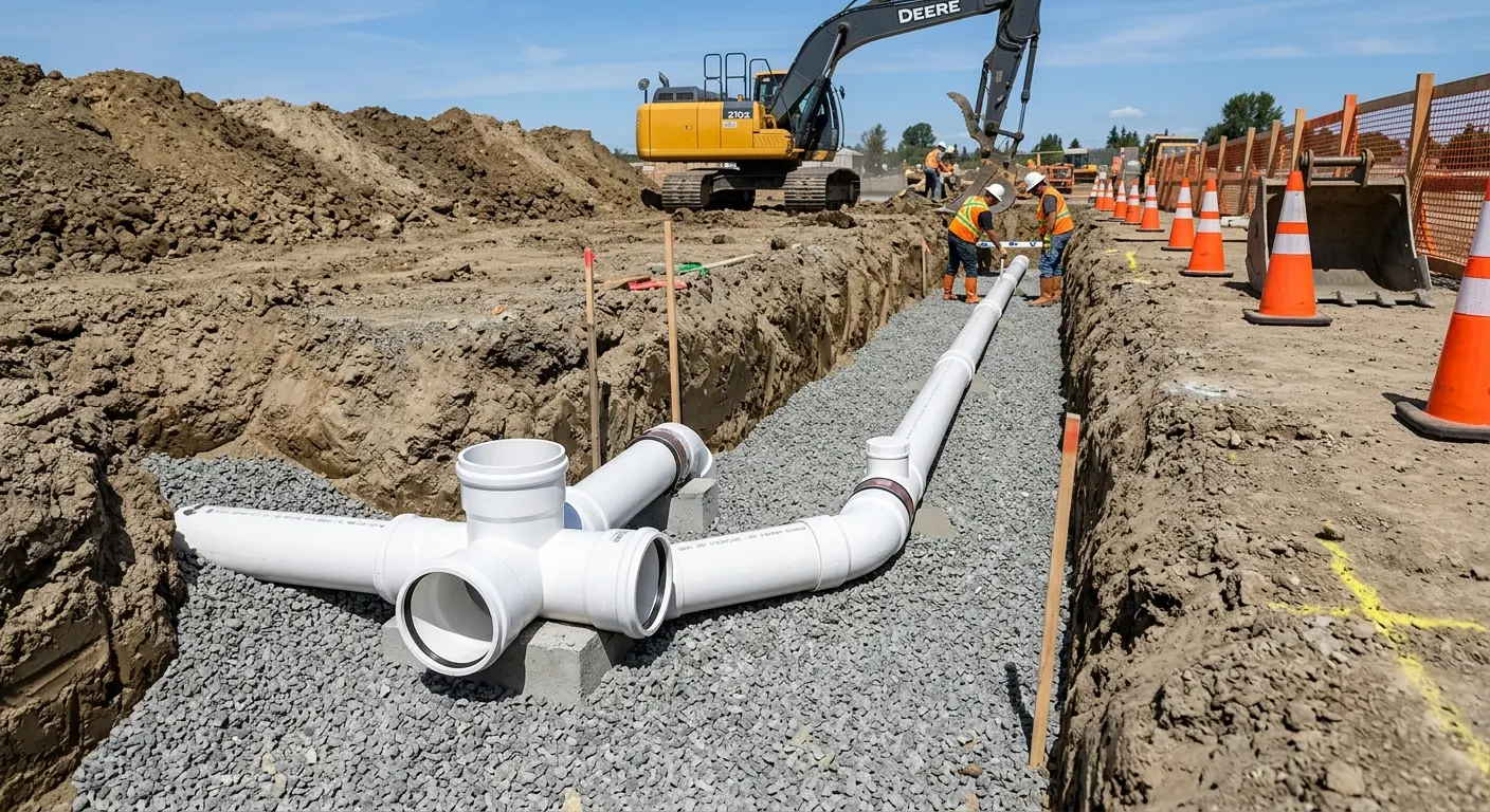 New PVC sewer pipe installation in open trench for Sewer Backup in Milton-Freewater