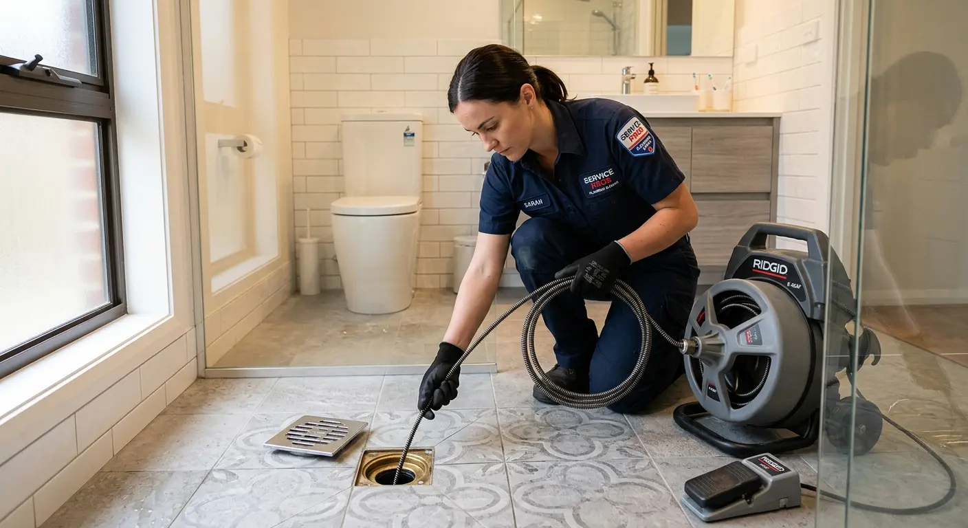 Technician clearing a bathroom floor drain for Drain Cleaning in Milton-Freewater